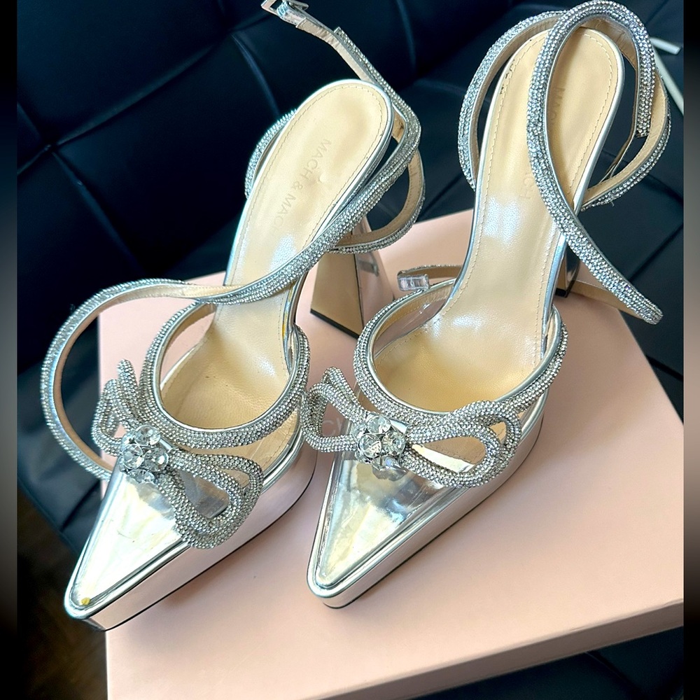 MACH & MACH Brand New Silver-Tone Transparent PVC and Patent Leather Heels